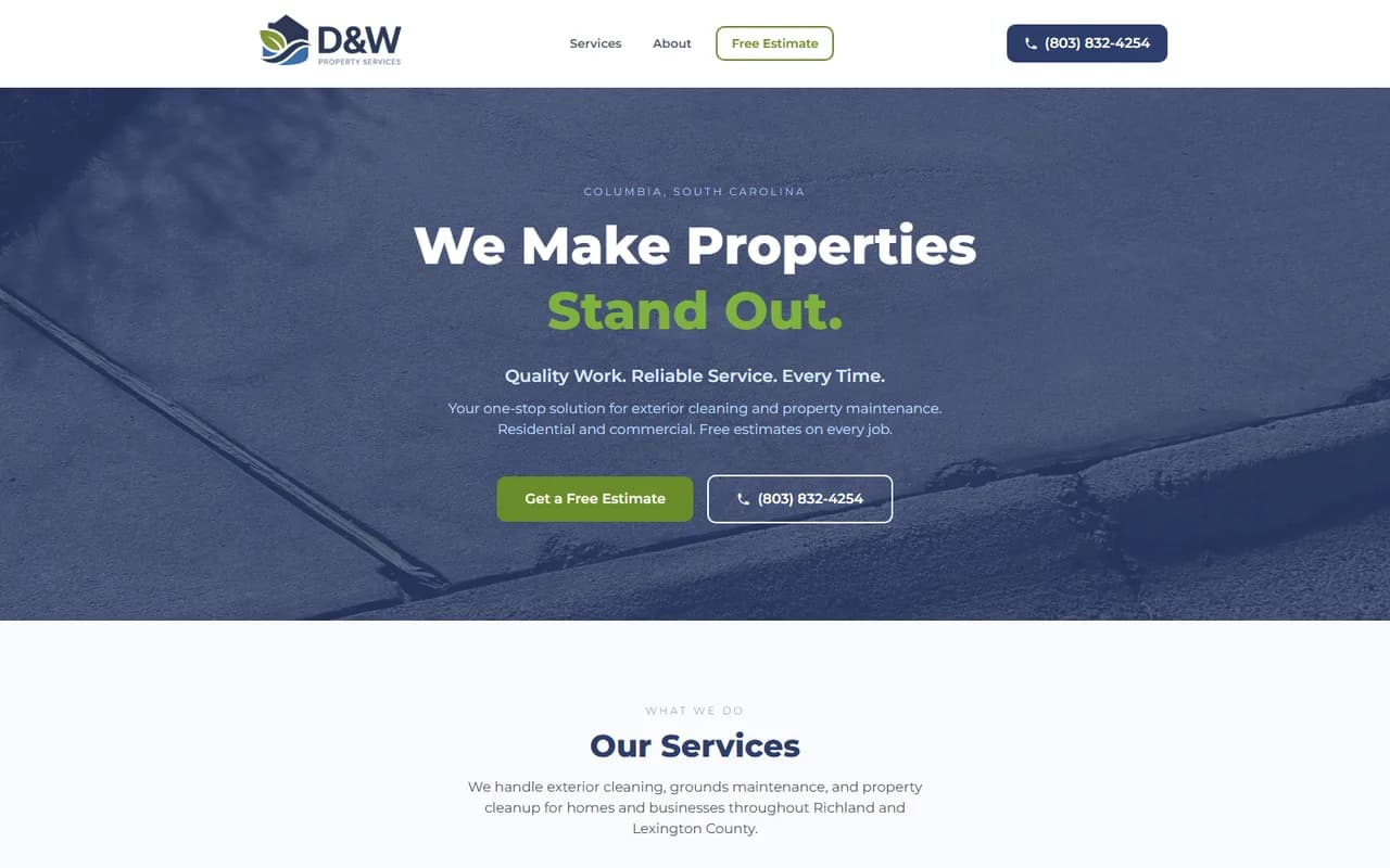 D&W Property Services homepage with estimate and phone calls to action