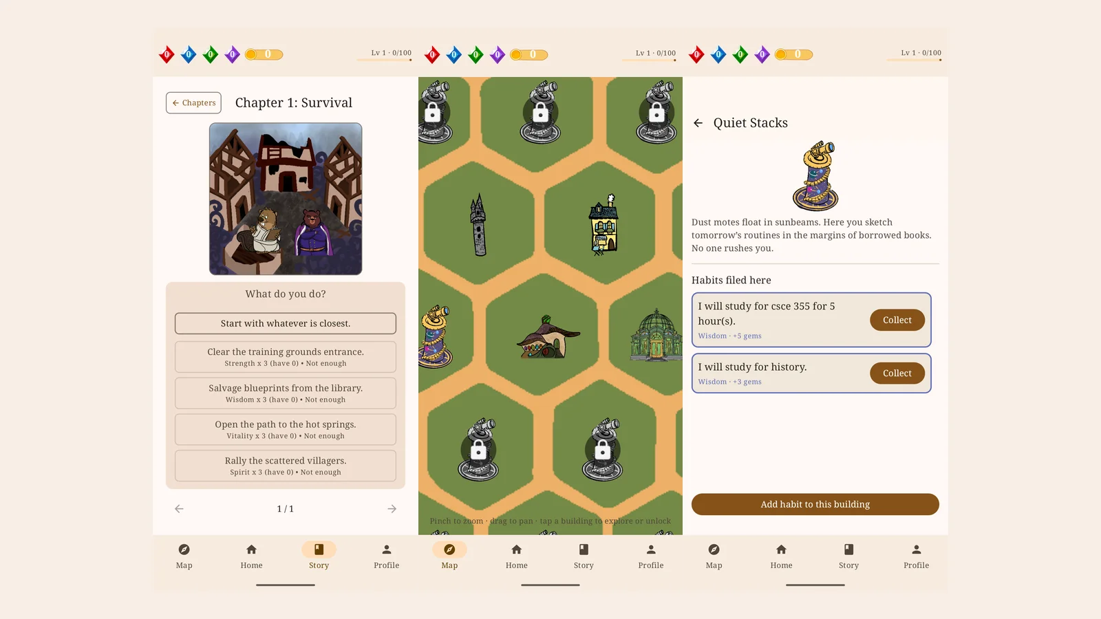 Three Habit Hearth screens showing a story decision, the hex-grid village map, and habits assigned to a building