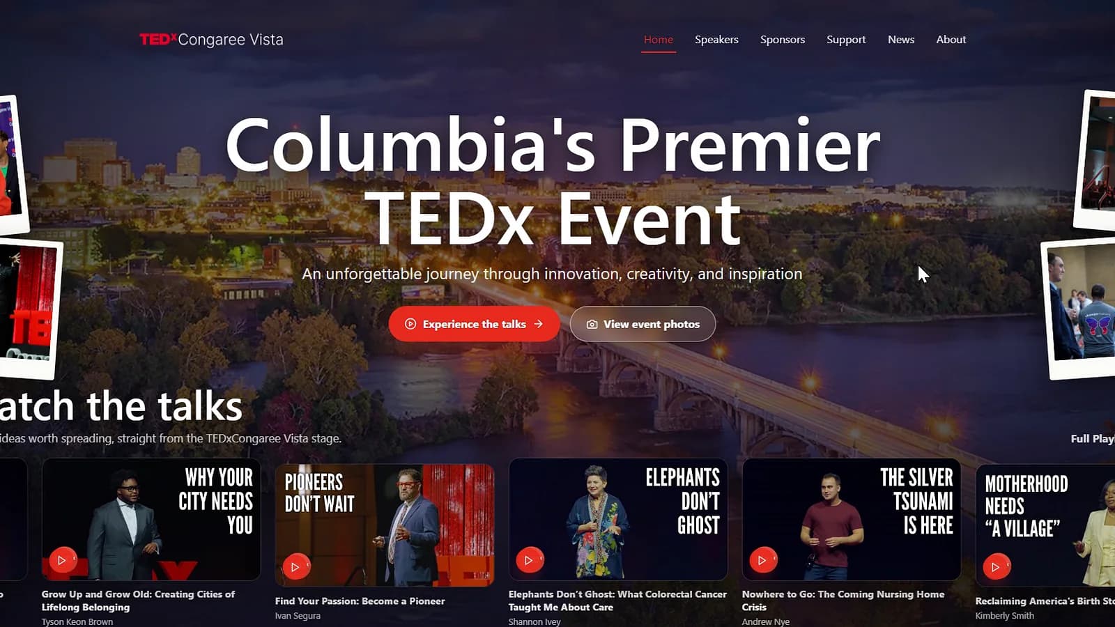 TEDxCongaree Vista homepage presenting the event and its published talks