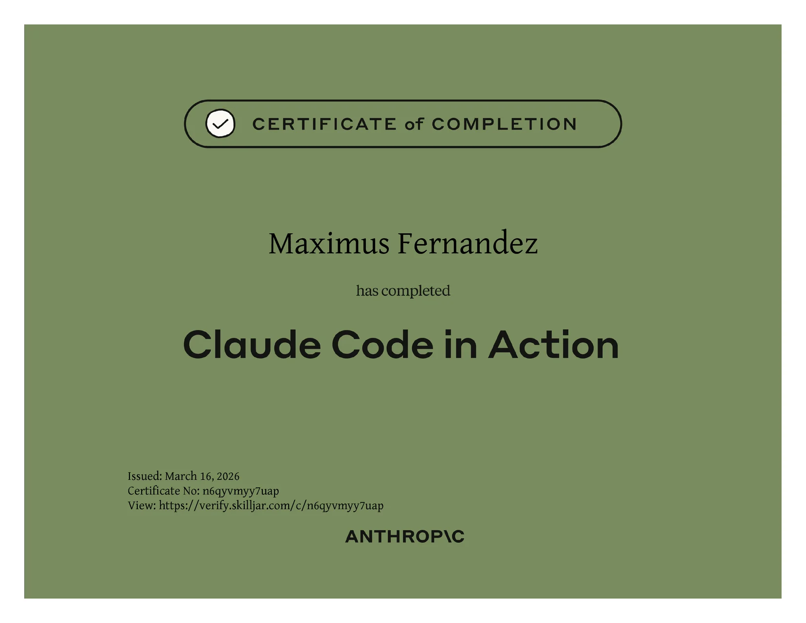 Anthropic Claude Code in Action certificate of completion awarded to Maximus Fernandez