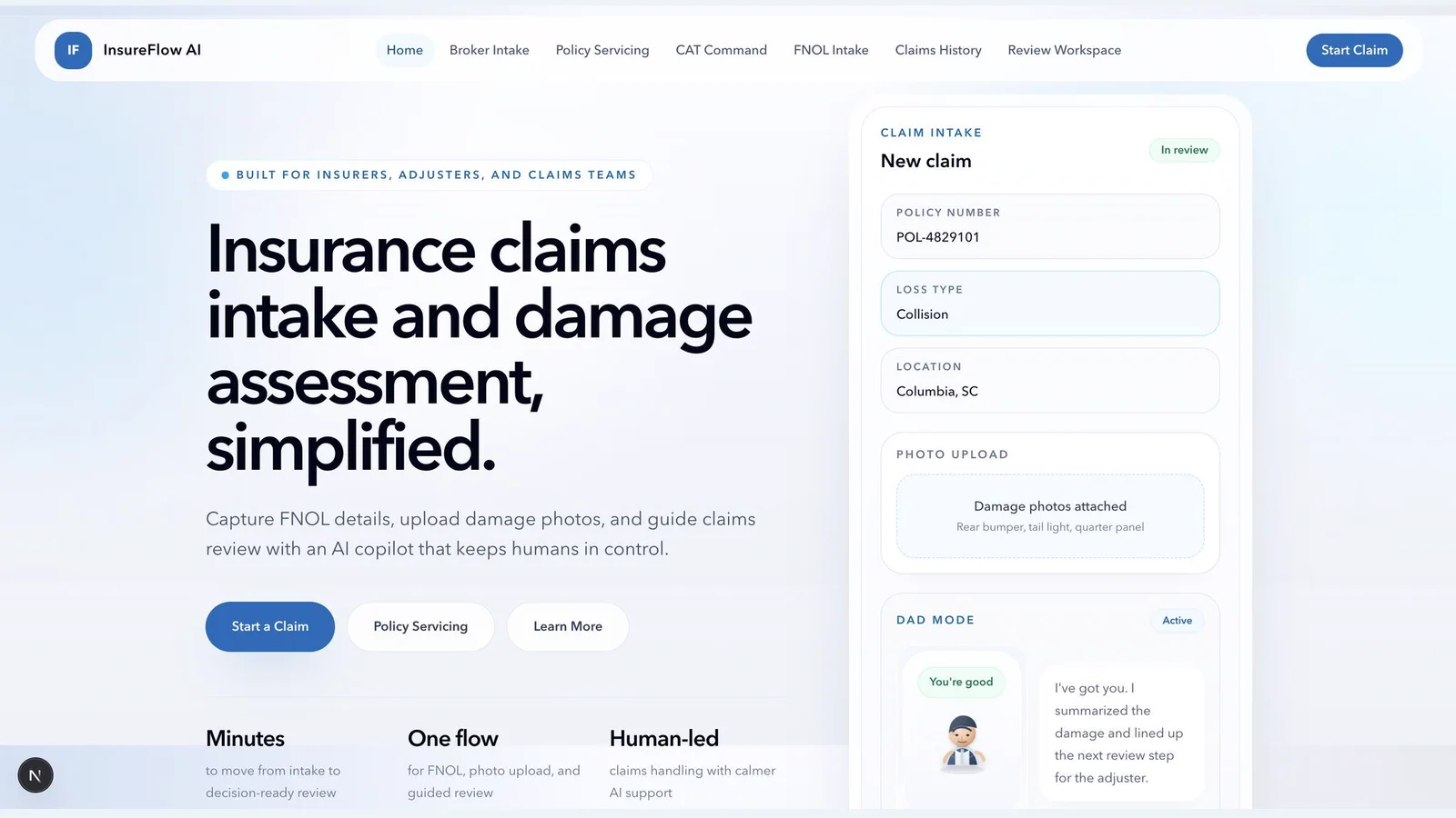 InsureFlow AI interface presenting insurance claim intake and damage assessment workflows