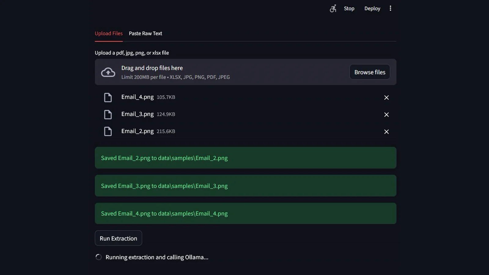 Lingua Franca running local extraction on three uploaded inspection images