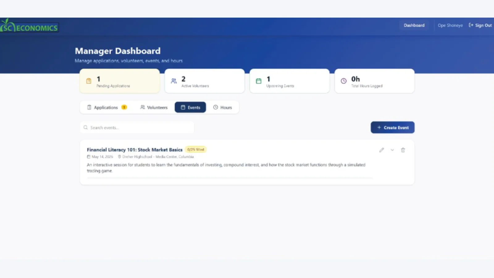 SC Economics manager dashboard showing volunteer, event, and service-hour summaries