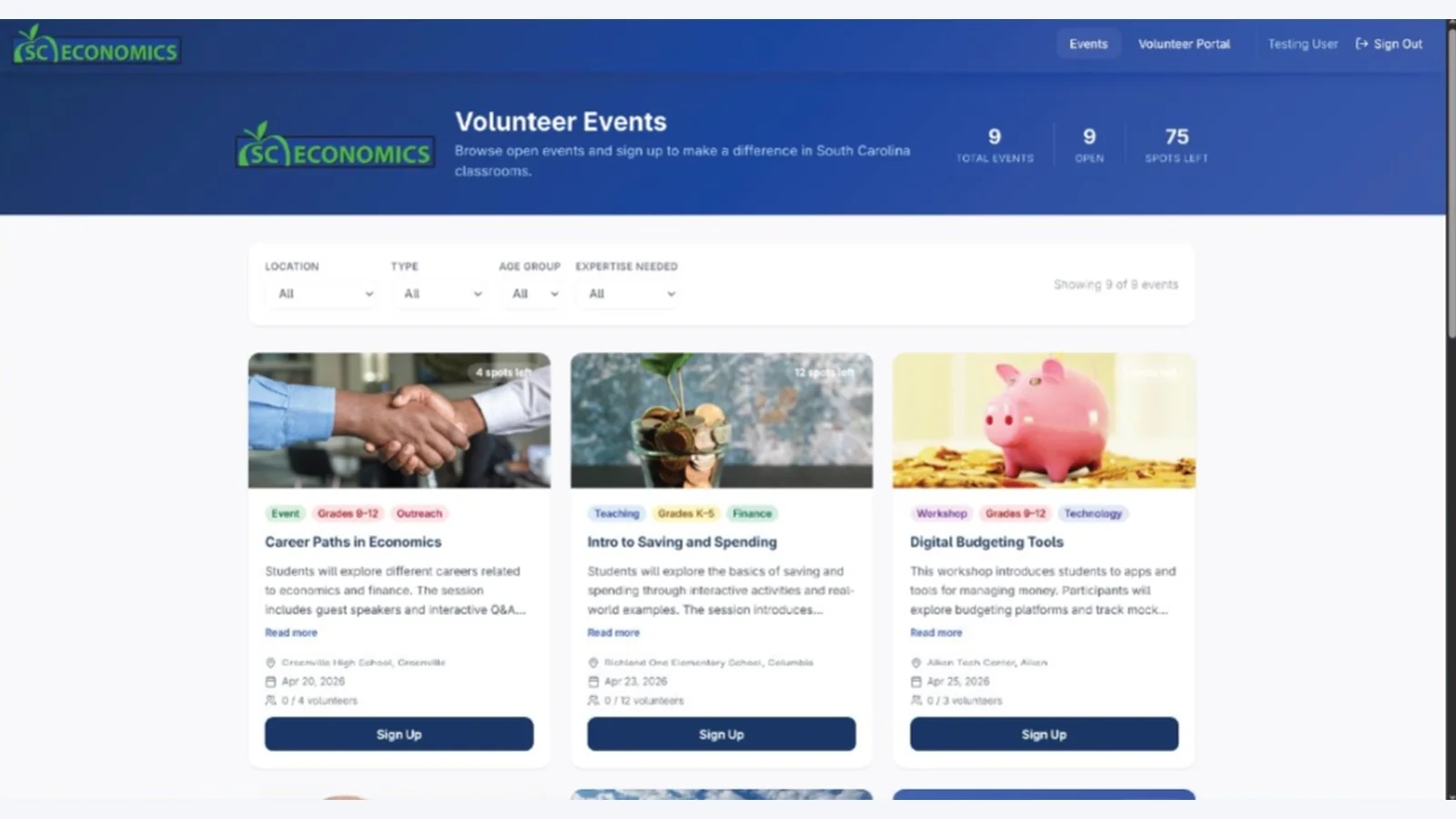 SC Economics volunteer event directory with filters for location, event type, age group, and expertise