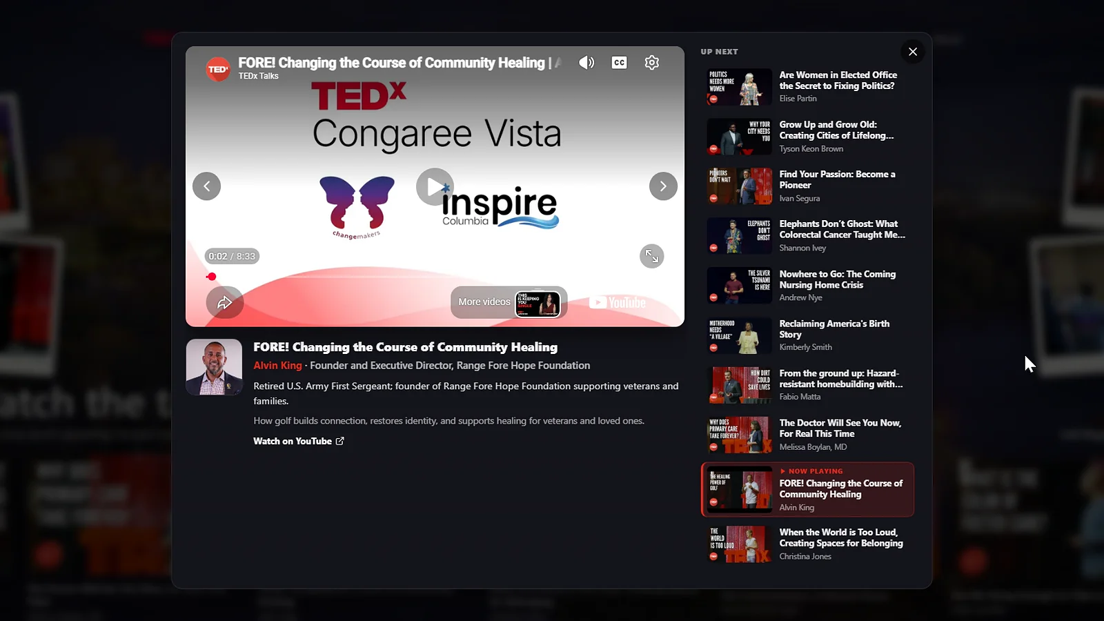 TEDxCongaree Vista on-page talk player with a playlist and speaker details